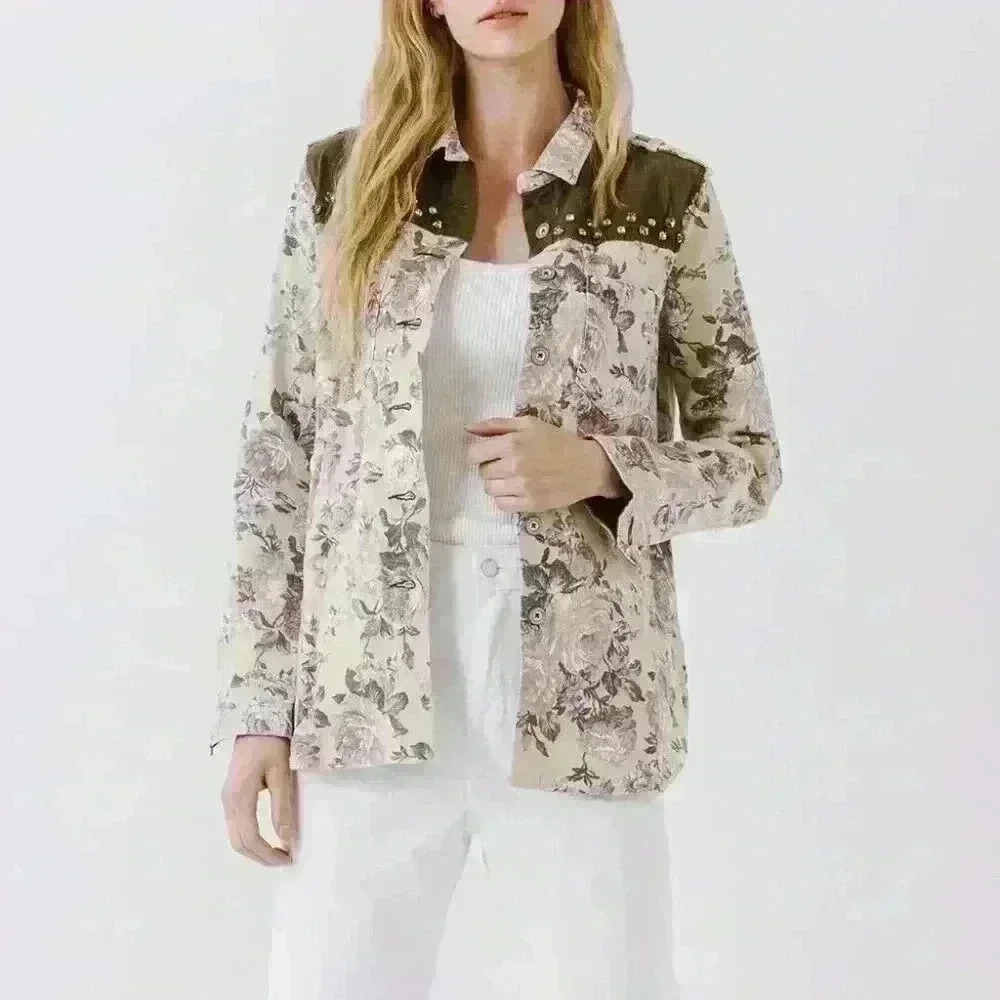 English Rose Multicolor Floral Studded Long Sleeve Button Front Jacket Size M